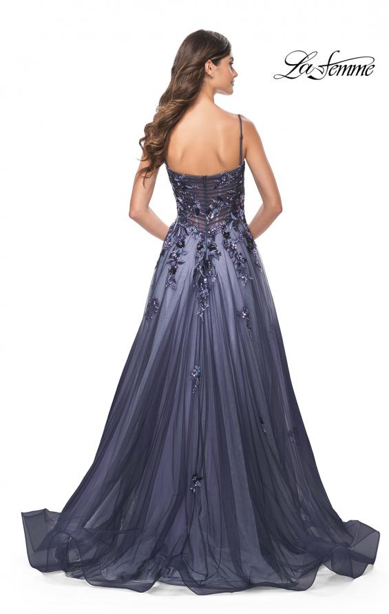 Picture of: Two Tone A-Line Tulle Gown with Ruching and Sequin Lace Detail in Navy, Style: 32185, Back Picture