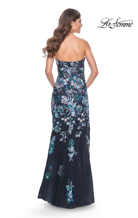 Picture of: Multi Color Lace Floral Applique on Fitted Strapless Gown in Navy, Style: 32251, Back Picture