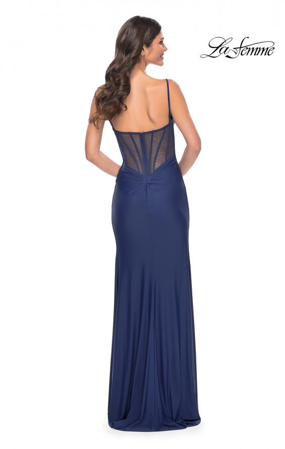 Picture of: Chic Jersey Dress with Ruching and Illusion Back in Blue, Style: 32287, Back Picture