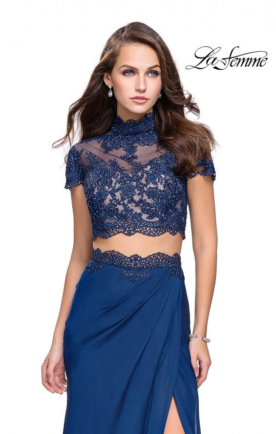 Picture of: Chiffon Two Piece Gown with Lace Top and Belt Detail in Navy, Style: 25384, Detail Picture 1