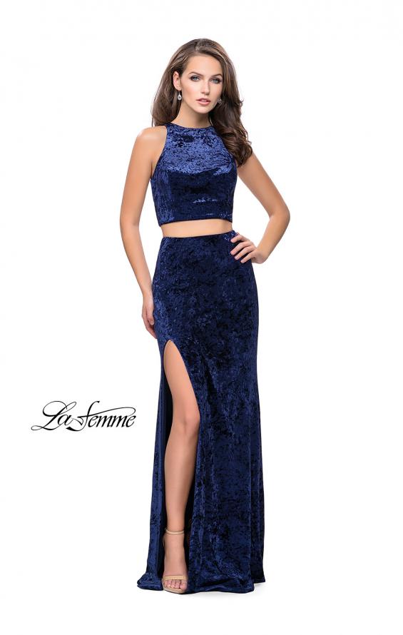 Picture of: Crush Velvet Two Piece Prom Dress with Slit in Navy, Style: 25431, Detail Picture 1