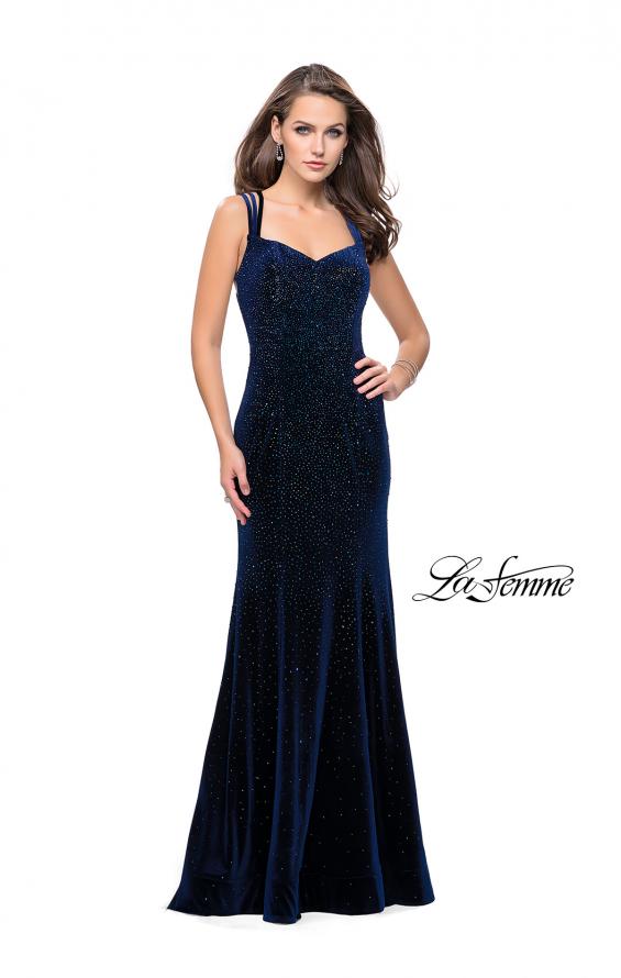 Picture of: Velvet Form Fitting Prom Dress with Intricate Back in Navy, Style: 25681, Detail Picture 1
