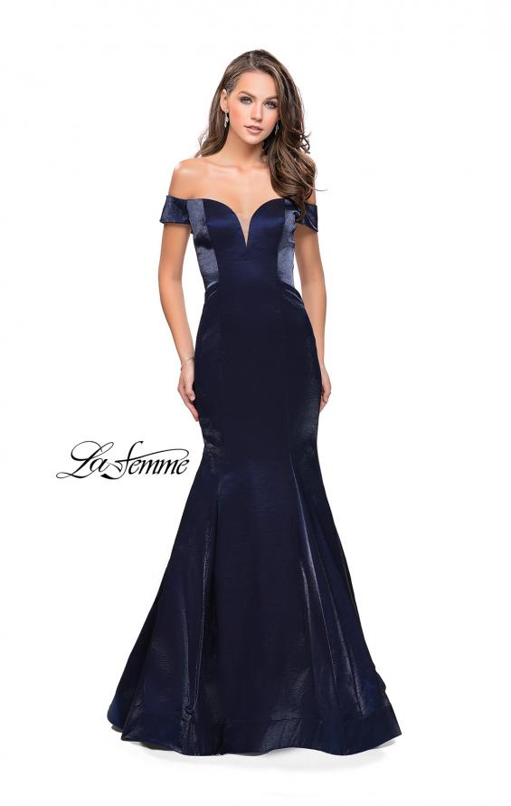Picture of: Off the Shoulder Satin Prom Dress with Strappy Back in Navy, Style: 25764, Detail Picture 1
