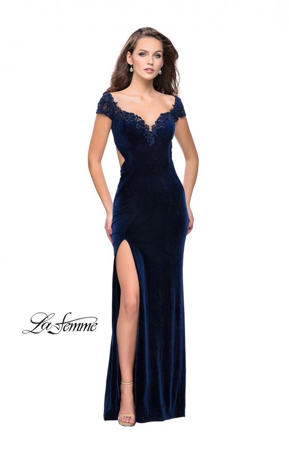 Picture of: Long Off the Shoulder Prom Dress with Beads and Lace in Navy, Style: 25823, Detail Picture 1