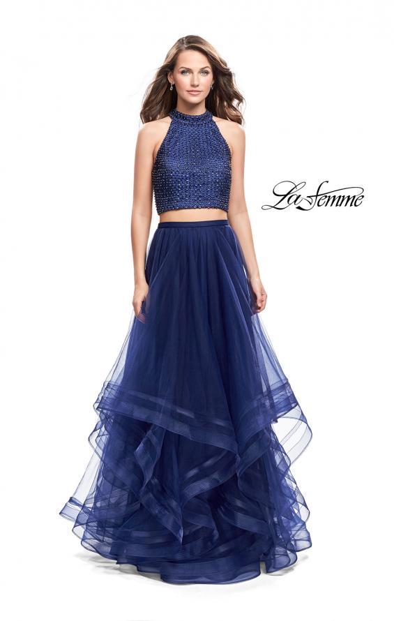 Picture of: Two Piece Prom Gown with Ruffle Tulle Skirt and Beading in Navy, Style: 26077, Detail Picture 1