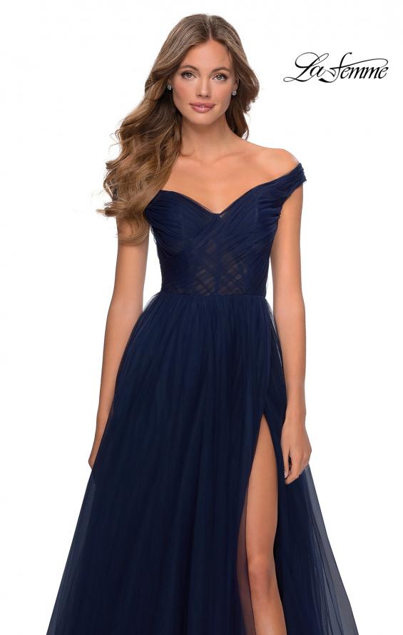Picture of: Off The Shoulder Tulle Prom Dress with Sheer Bodice in Navy, Style: 28462, Detail Picture 1