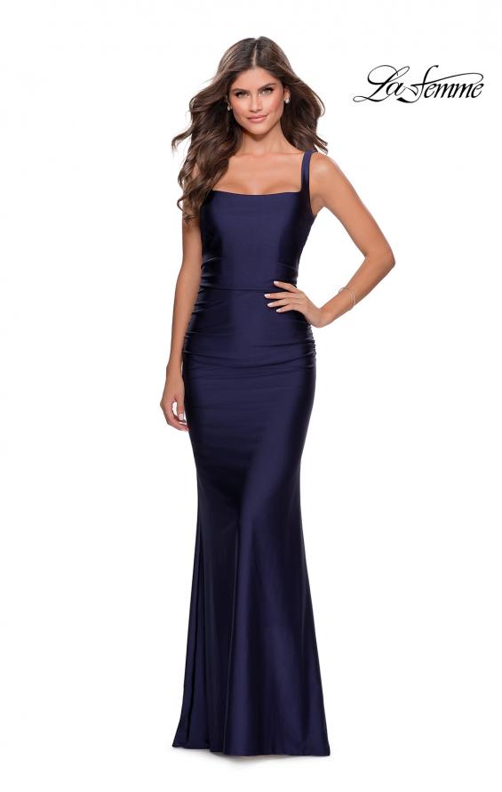 Picture of: Long Jersey Prom Dress with Full V-Shaped Back in Navy, Style: 28634, Detail Picture 1