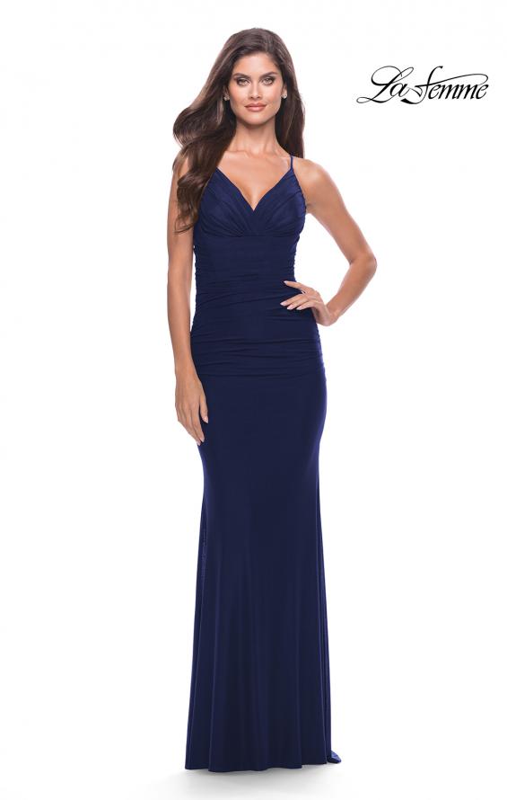 Picture of: Long Net Jersey Dress with Illusion Waist in Navy, Style: 31585, Style: 31585