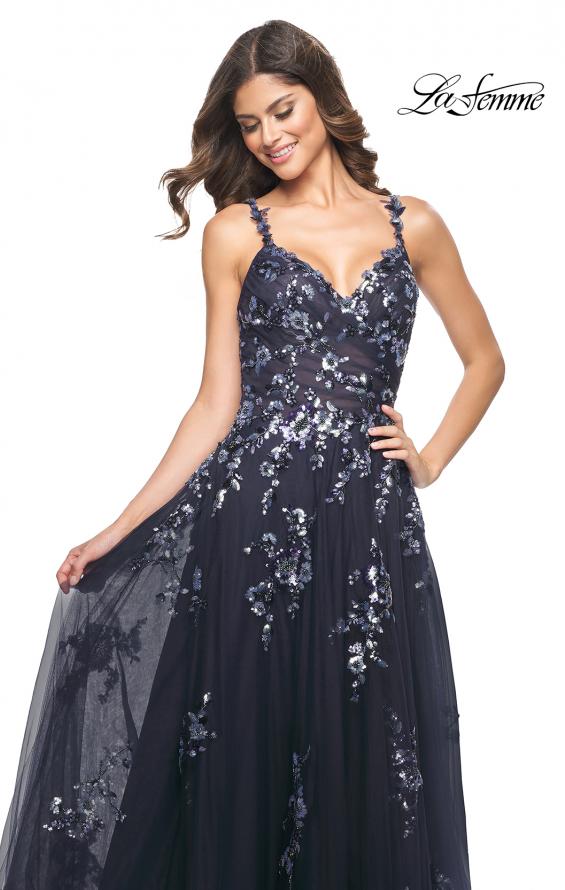 Picture of: A-Line Tulle and Floral Sequin Gown with High Slit in Navy, Style: 31936, Detail Picture 1