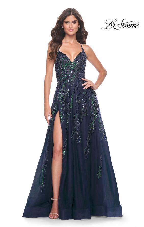 Picture of: Fabulous A-Line Gown Embellished with Sequin Beaded Applique in Jewel Tones in Navy, Style: 32346, Detail Picture 1