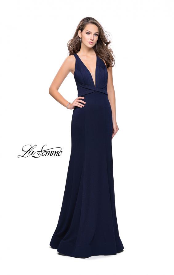 Picture of: Form Fitting Mermaid Prom Dress with Low V Open Back in Navy, Style: 25503, Detail Picture 2