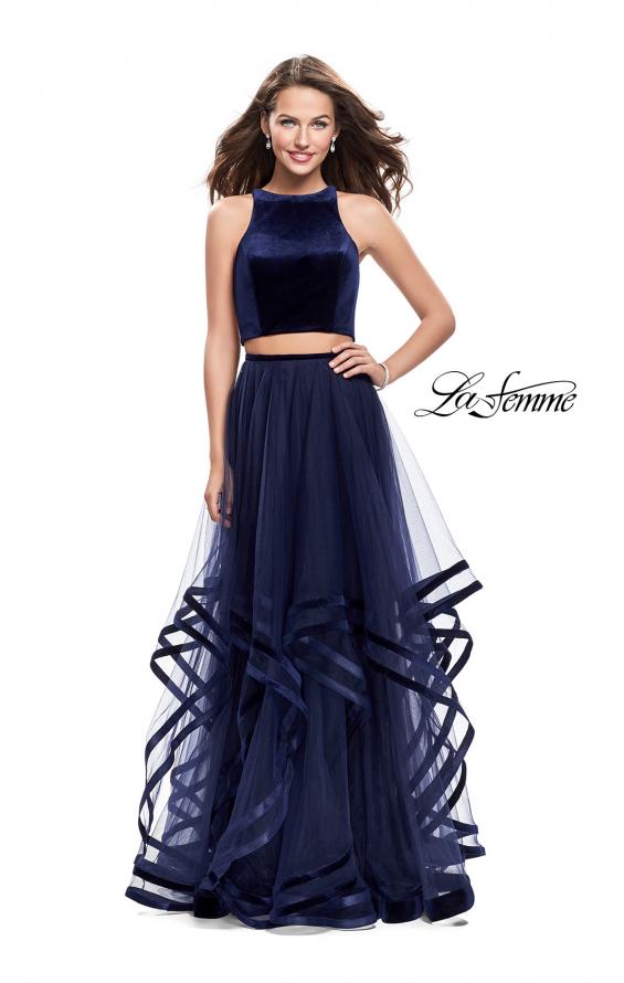 Picture of: Two Piece Tulle Gown with Velvet High Neck Top in Navy, Style: 25817, Detail Picture 2