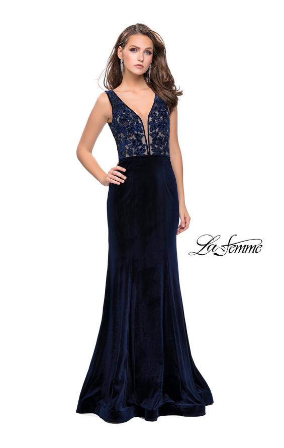 Picture of: Long Embellished Velvet Prom Dress with a Low V Back in Navy, Style: 25824, Detail Picture 2