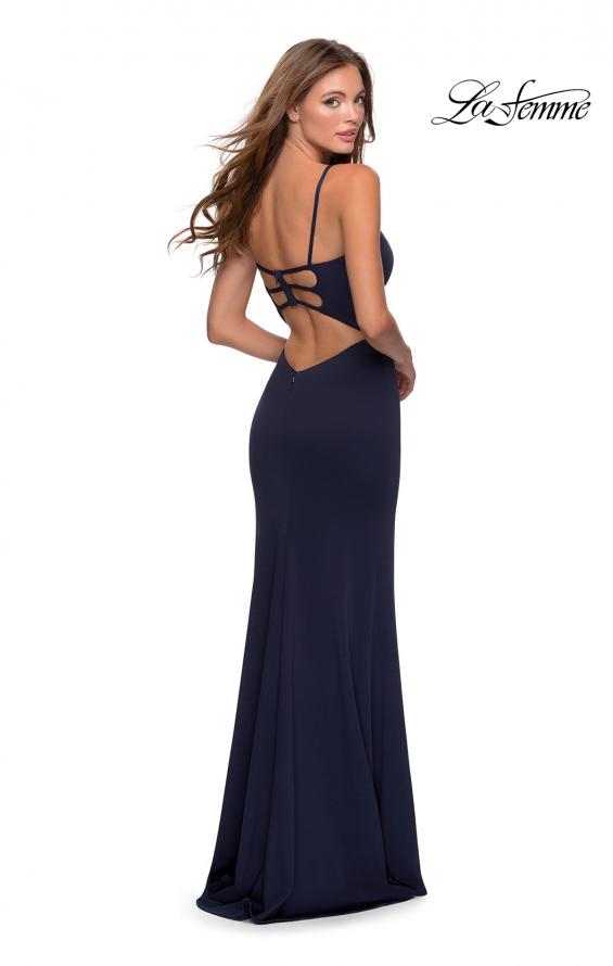 Picture of: Jersey Prom Gown with Lace Up Back and Slit in Navy, Style: 28653, Detail Picture 2
