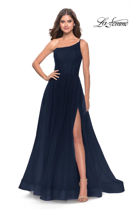 Picture of: One Shoulder A-Line Tulle Gown with Sheer Bodice in Navy, Style: 31069, Detail Picture 2