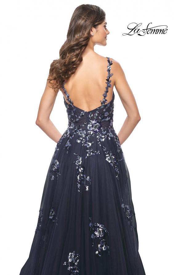 Picture of: A-Line Tulle and Floral Sequin Gown with High Slit in Navy, Style: 31936, Detail Picture 2