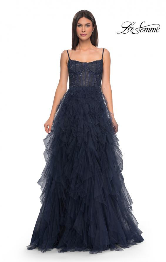 Picture of: Tulle A-Line Dress with Ruffle Skirt and Buster Rhinestone Fishnet Bodice in Navy, Style: 32233, Detail Picture 2