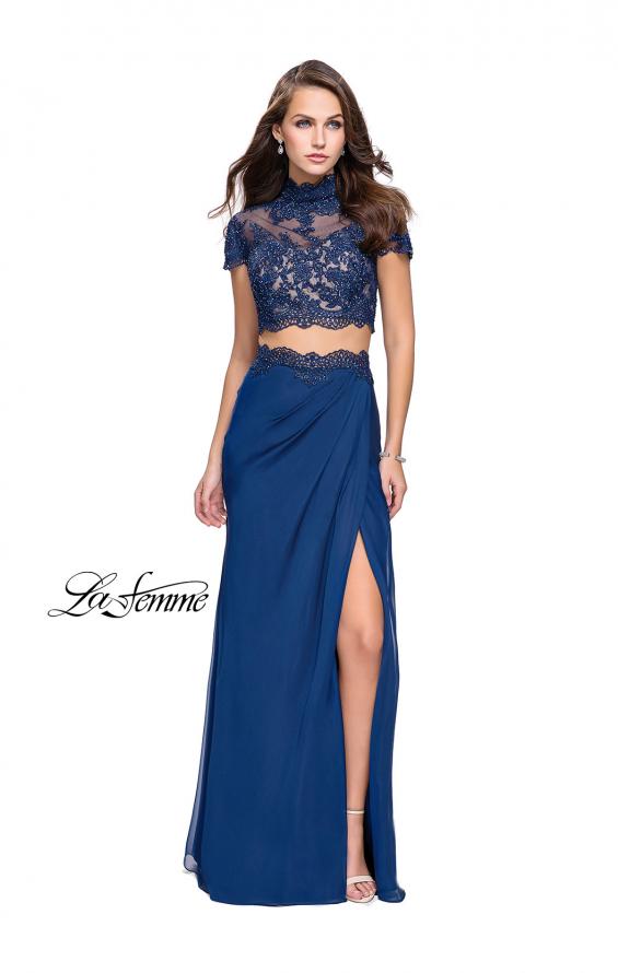 Picture of: Chiffon Two Piece Gown with Lace Top and Belt Detail in Navy, Style: 25384, Detail Picture 3