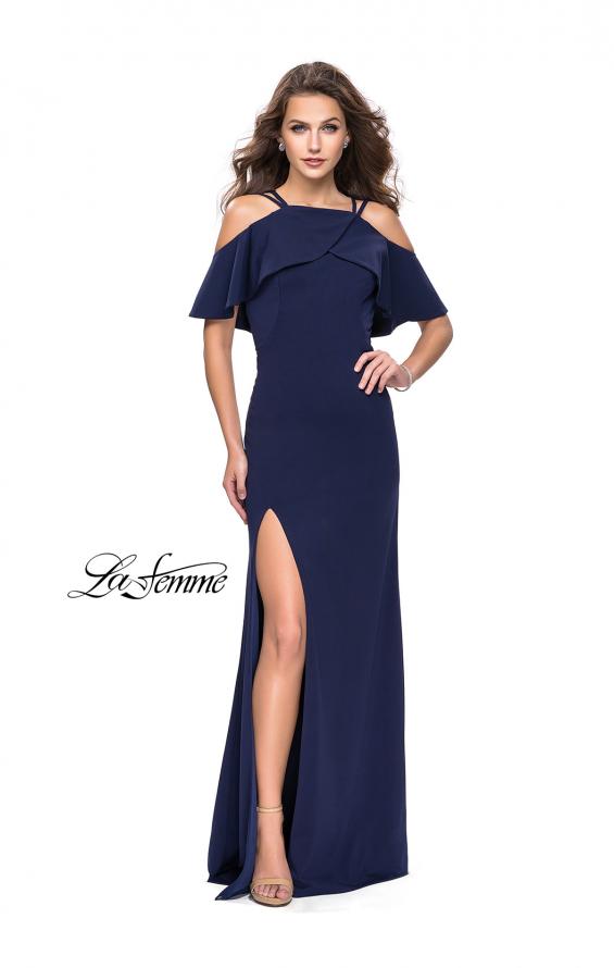 Picture of: Long Jersey Prom Dress with Off the Shoulder Ruffle Detail in Navy, Style: 25556, Detail Picture 3
