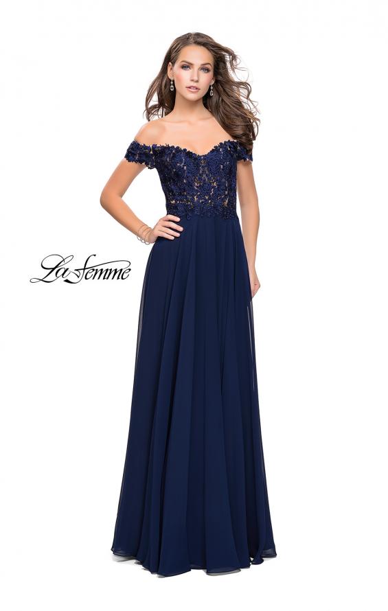 Picture of: Beaded Lace Off the Shoulder Prom Dress in Navy, Style: 26070, Detail Picture 3