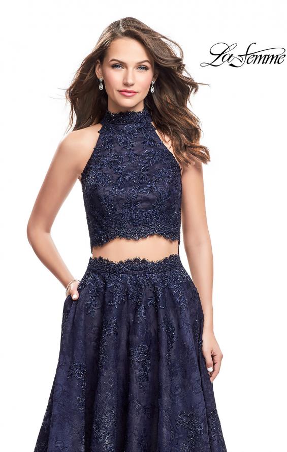 Picture of: Long Lace A-line Two Piece Prom Dress with Cut Outs in Navy, Style: 26103, Detail Picture 3