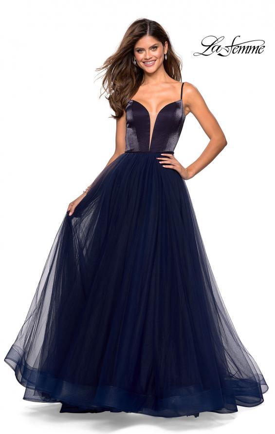 Picture of: Tulle evening Gown with Satin Bust and V Shaped Back in Navy, Style: 27485, Detail Picture 3