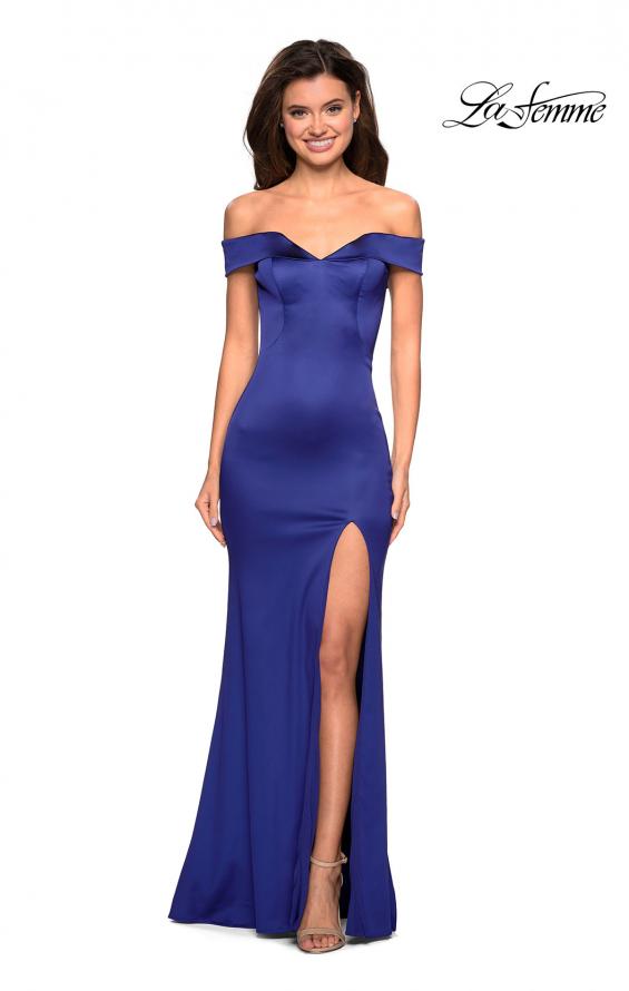 Picture of: Form Fitting Off the Shoulder Satin Prom Dress in Navy, Style: 27752, Detail Picture 3