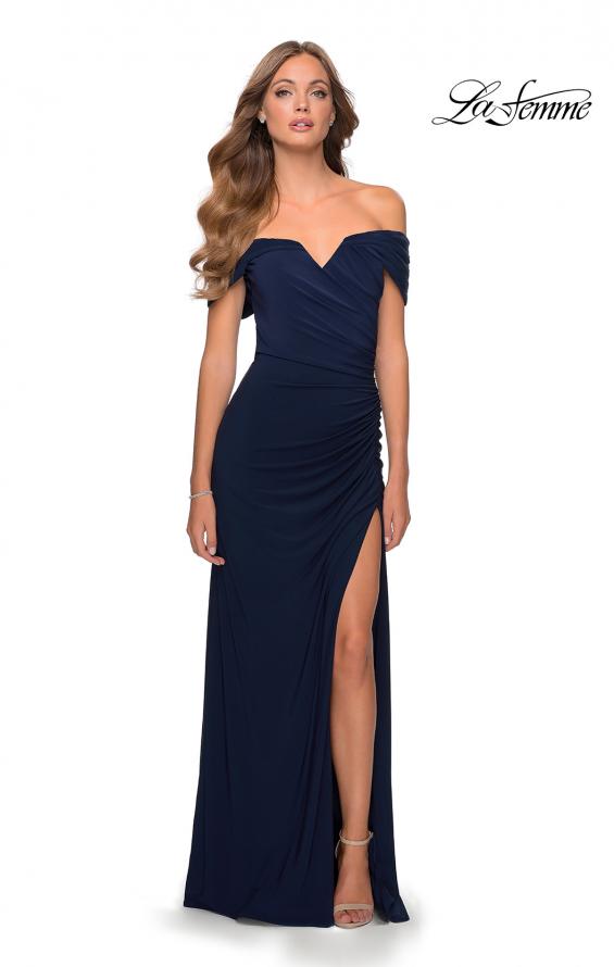 Picture of: Off the Shoulder Fully Ruched Floor Length Gown in Navy, Style: 28389, Detail Picture 3
