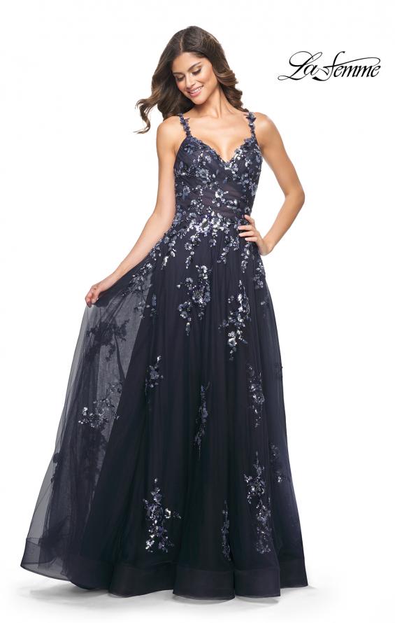 Picture of: A-Line Tulle and Floral Sequin Gown with High Slit in Navy, Style: 31936, Detail Picture 3