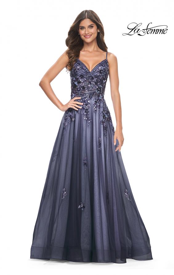 Picture of: Two Tone A-Line Tulle Gown with Ruching and Sequin Lace Detail in Navy, Style: 32185, Detail Picture 3