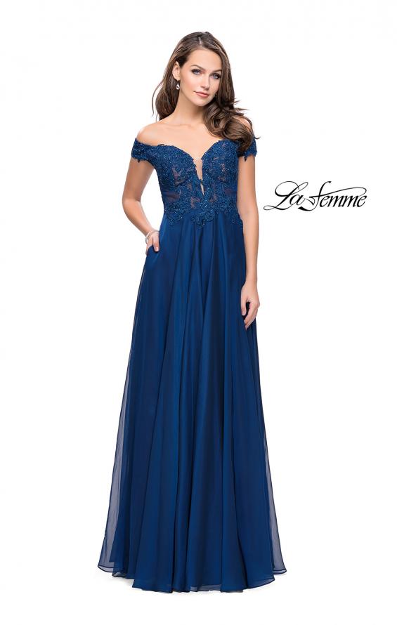 Picture of: Chiffon Prom Dress with Off the Shoulder Lace Top in Navy, Style: 25129, Detail Picture 4