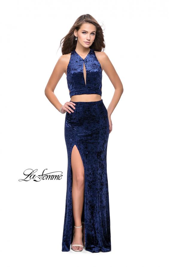 Picture of: Long Velvet Prom Dress with Crop Top and Leg Slit in Navy, Style: 25500, Detail Picture 2