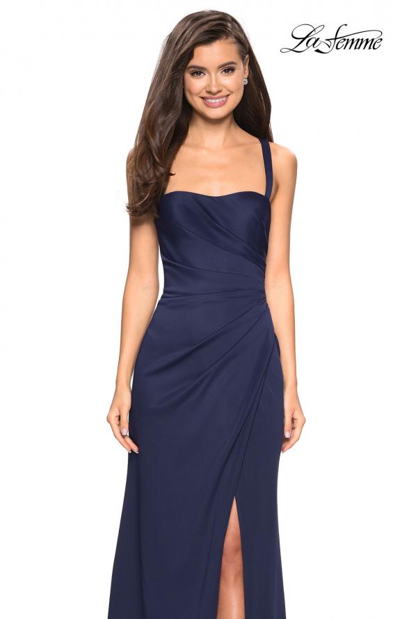 Picture of: Long Jersey Gown with Size Ruching and Slit in Navy, Style: 27470, Detail Picture 4