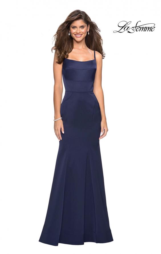 Picture of: Fitted Long Dress with Seams and Large Gold Zipper in Navy, Style: 27524, Detail Picture 4