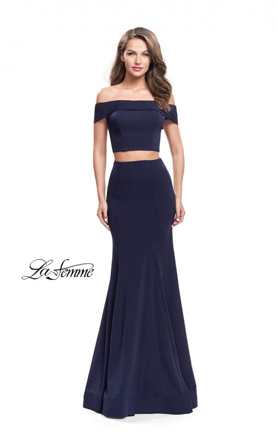 Picture of: Form Fitting Off the Shoulder Jersey Mermaid Dress in Navy, Style: 25578, Detail Picture 5