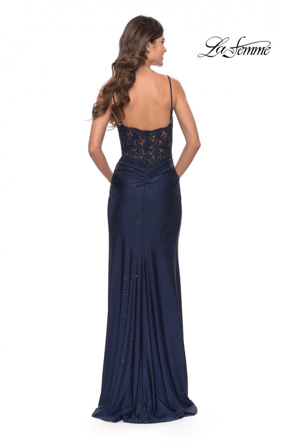 Picture of: Lace Applique Sheer Back Rhinestone Jersey Dress in Navy, Style: 31361, Detail Picture 5