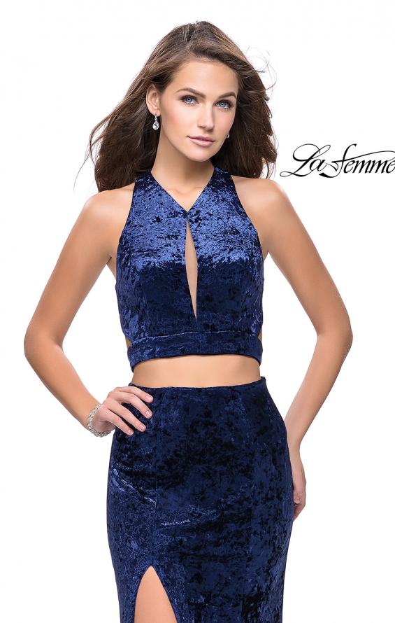Picture of: Long Velvet Prom Dress with Crop Top and Leg Slit in Navy, Style: 25500, Detail Picture 6