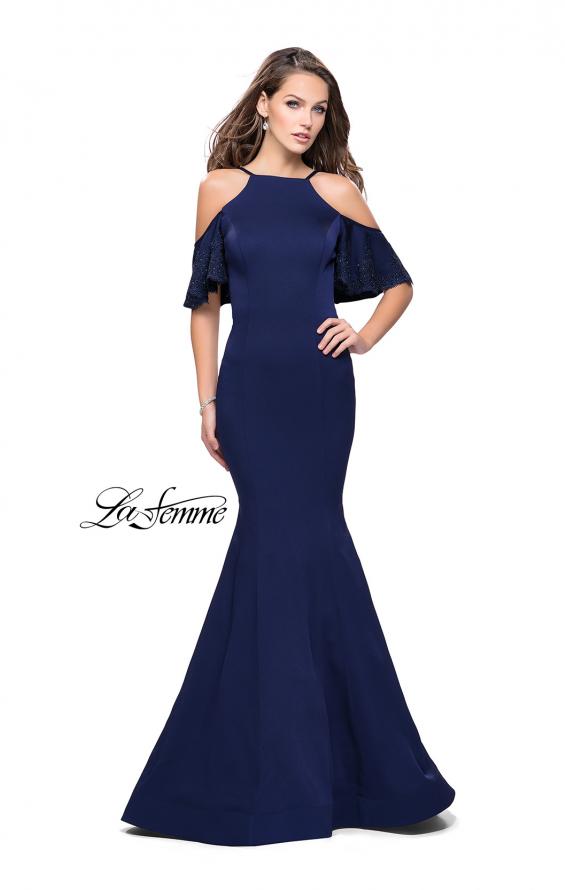 Picture of: Form Fitting Satin Mermaid Dress with Shoulder Cutouts in Navy, Style: 26145, Detail Picture 6