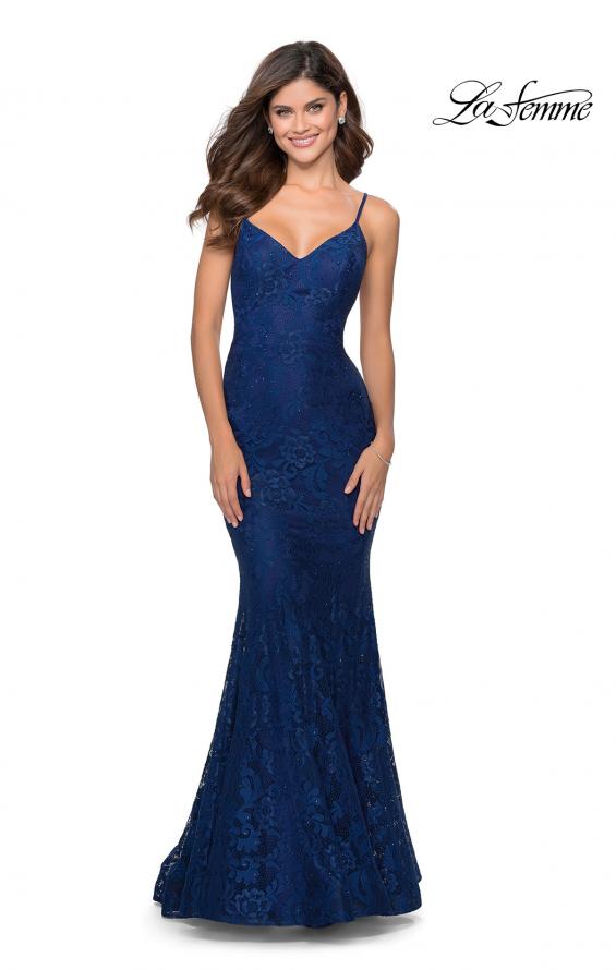 Picture of: Long Mermaid Lace Prom Dress with V Shaped Neckline in Navy, Style: 28504, Detail Picture 6