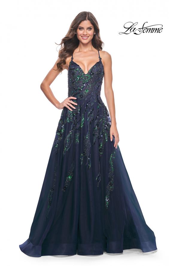 Picture of: Fabulous A-Line Gown Embellished with Sequin Beaded Applique in Jewel Tones in Navy, Style: 32346, Detail Picture 6