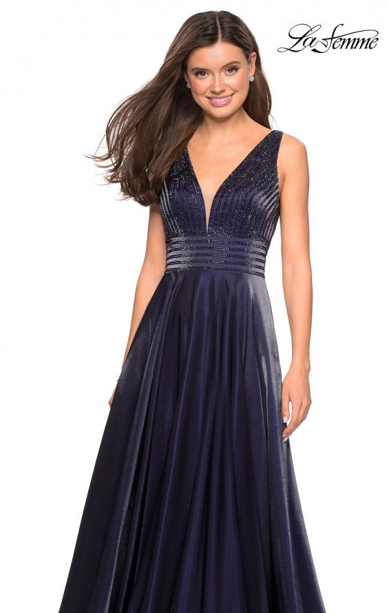 Picture of: Satin Prom Gown with beaded Bust and Pockets in Navy, Style: 27205, Detail Picture 7