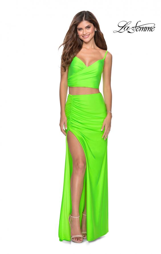 Picture of: Two Piece Long Prom Dress with Ruched Detailing in Neon Green, Style: 28472, Main Picture