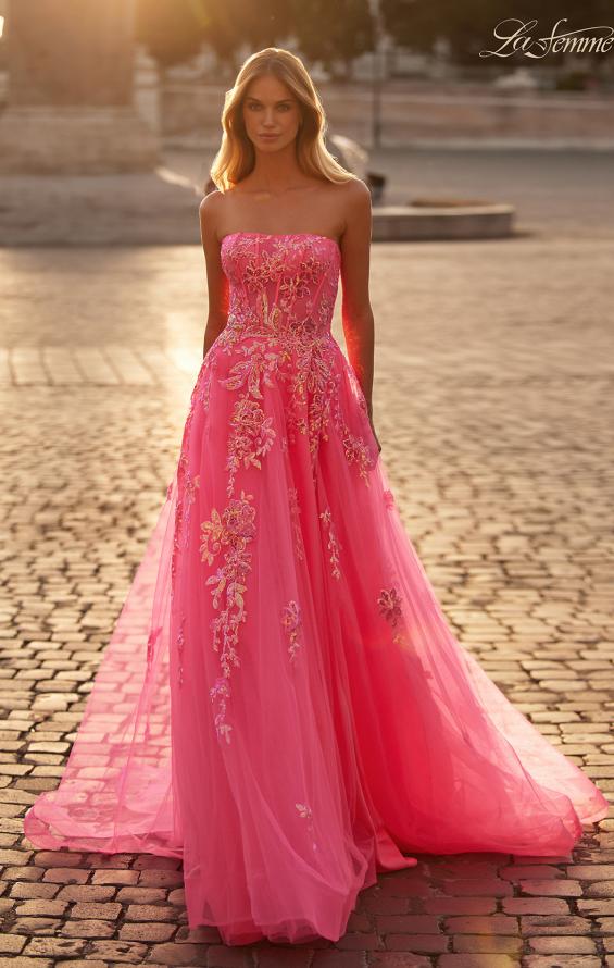 Picture of: Strapless Tulle A-Line Dress with Sequin Floral Applique in Neon Pink, Style: 32137, Main Picture
