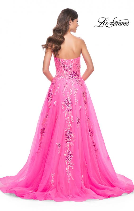 Picture of: Strapless Tulle A-Line Dress with Sequin Floral Applique in Neon Pink, Style: 32137, Detail Picture 8
