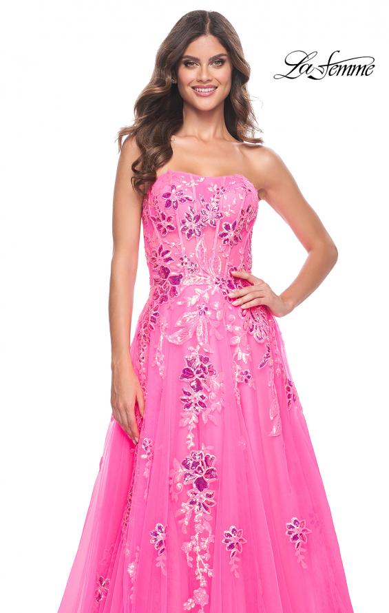 Picture of: Strapless Tulle A-Line Dress with Sequin Floral Applique in Neon Pink, Style: 32137, Detail Picture 9