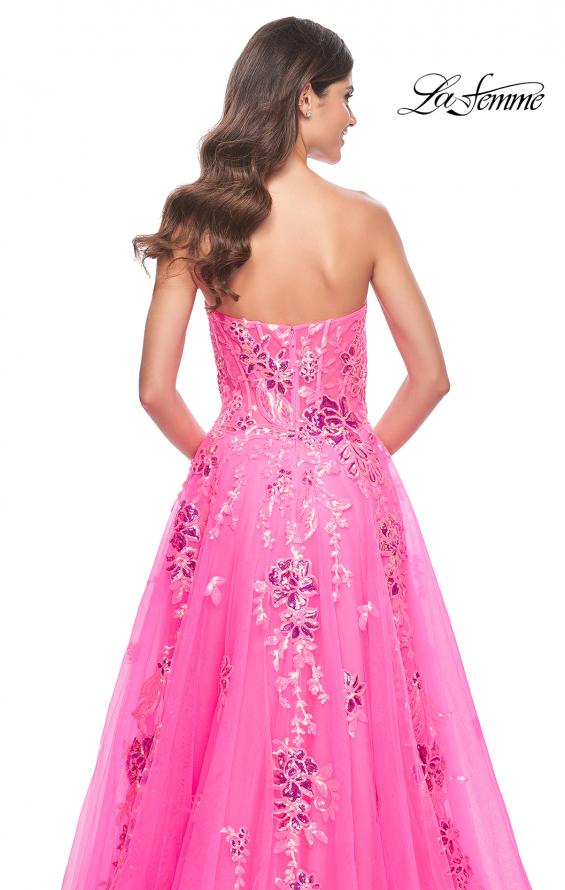 Picture of: Strapless Tulle A-Line Dress with Sequin Floral Applique in Neon Pink, Style: 32137, Detail Picture 10