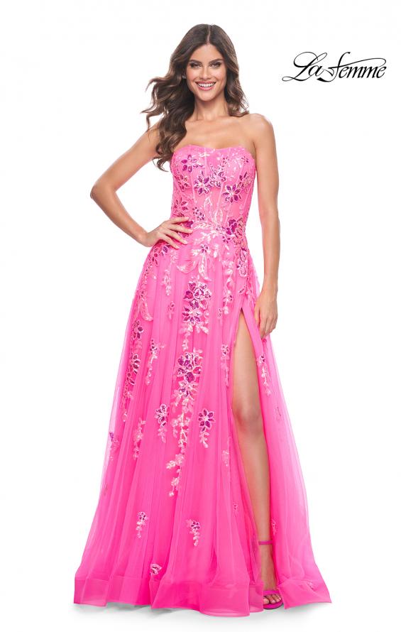 Picture of: Strapless Tulle A-Line Dress with Sequin Floral Applique in Neon Pink, Style: 32137, Detail Picture 11