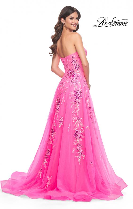 Picture of: Strapless Tulle A-Line Dress with Sequin Floral Applique in Neon Pink, Style: 32137, Detail Picture 12