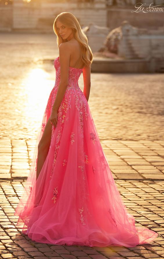 Picture of: Strapless Tulle A-Line Dress with Sequin Floral Applique in Neon Pink, Style: 32137, Back Picture