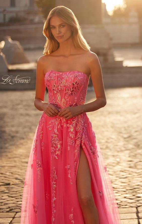Picture of: Strapless Tulle A-Line Dress with Sequin Floral Applique in Neon Pink, Style: 32137, Detail Picture 2